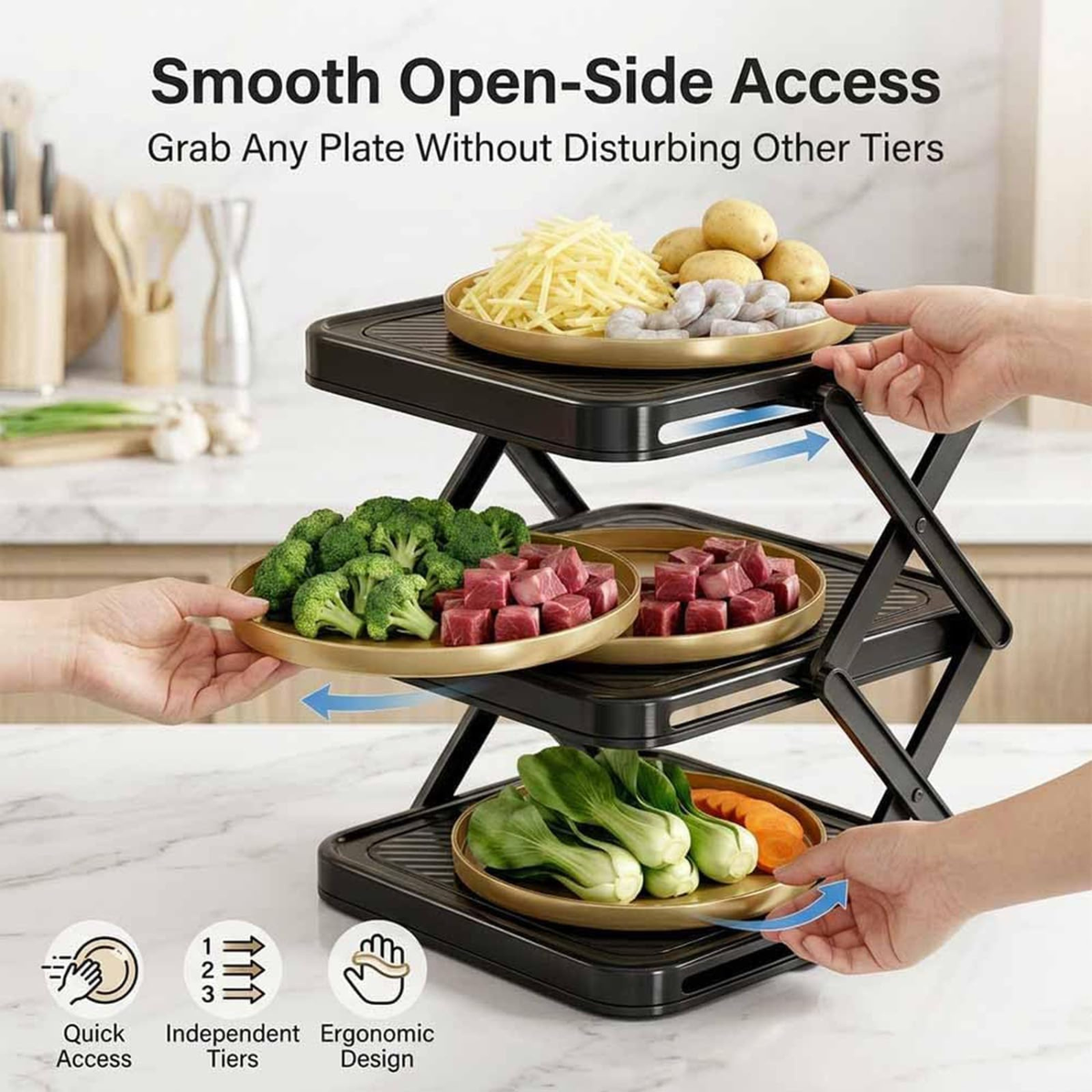 Multi-Layer Foldable Dish Tray Storage Rack, 3-Tier Vertical Plate Organizer for Kitchen