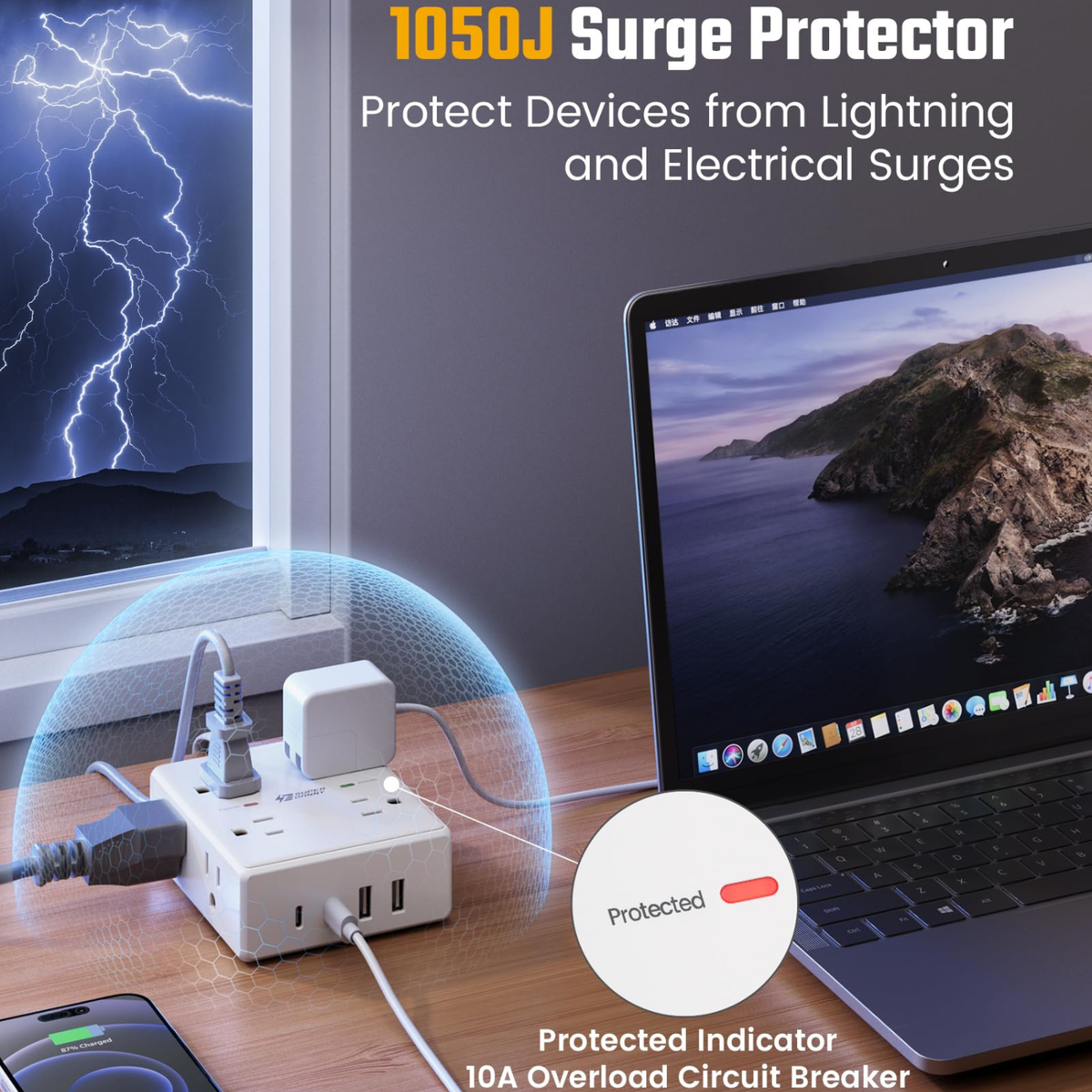 SUPERDANNY 10Ft Flat Plug Extension Cord Surge Protector Power Strip