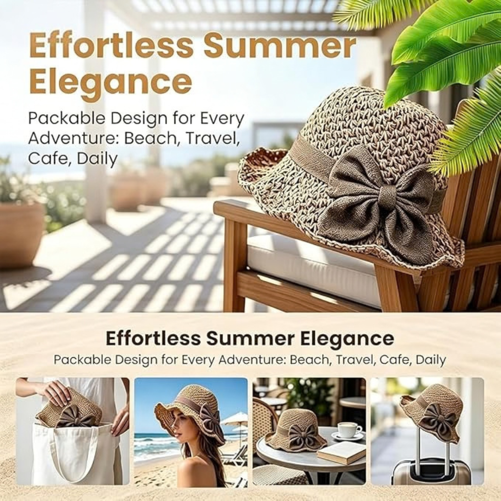 Elegant Woven Straw Sun Hat with Bow, Women Foldable Wide Brim