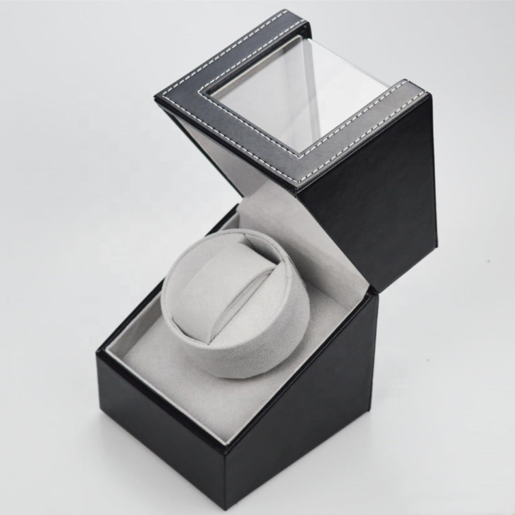 Single Watch Winder Box, Black PU Leather with Clear Window