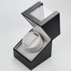 Single Watch Winder Box, Black PU Leather with Clear Window