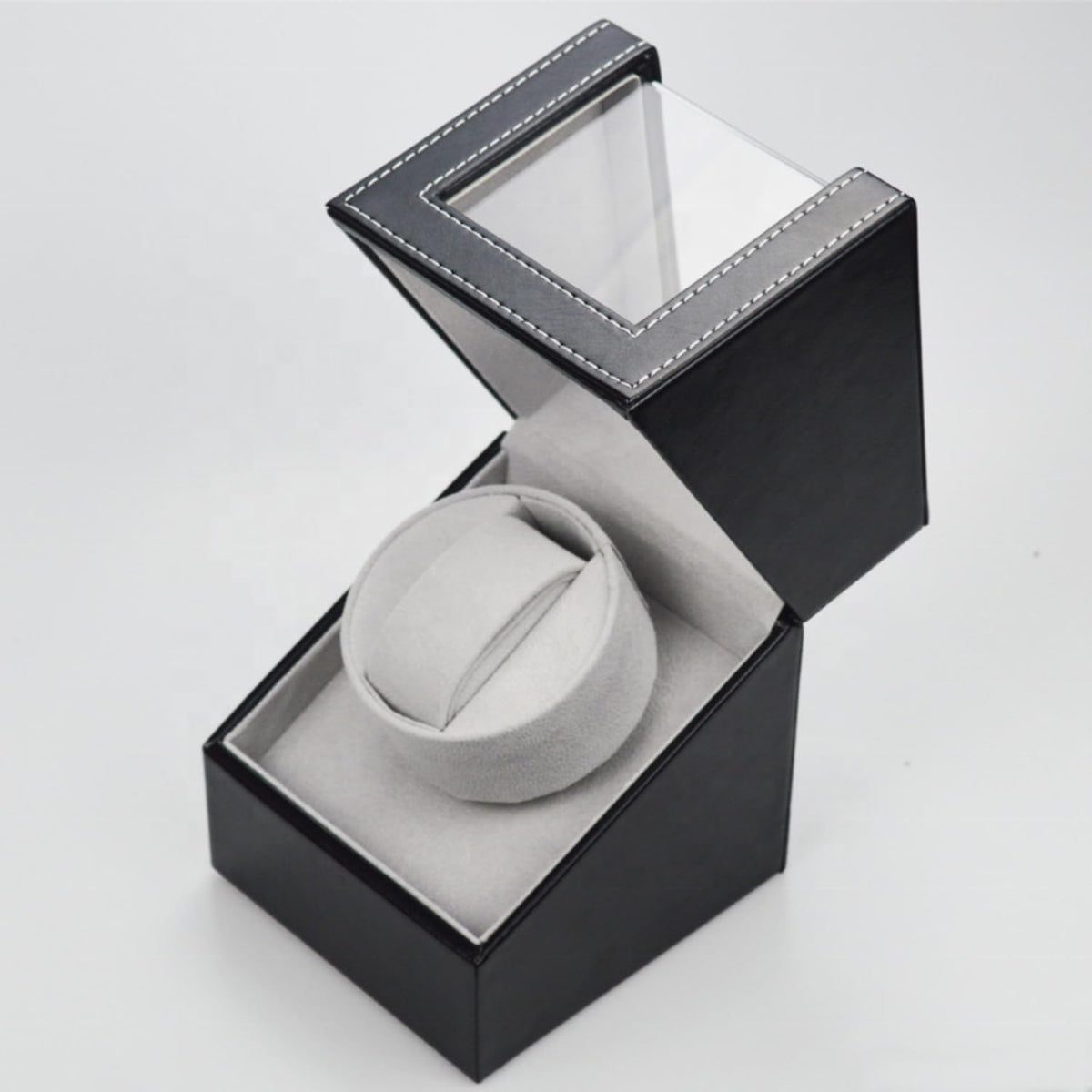 Single Watch Winder Box, Black PU Leather with Clear Window