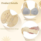 Front Closure Bra for Senior Women – Wireless Comfy Bralette with Front Snap Buttons, Soft Breathable Cotton Lining, Wide Shoulder Straps & Floral Print Accent, Full Coverage Wirefree Beige