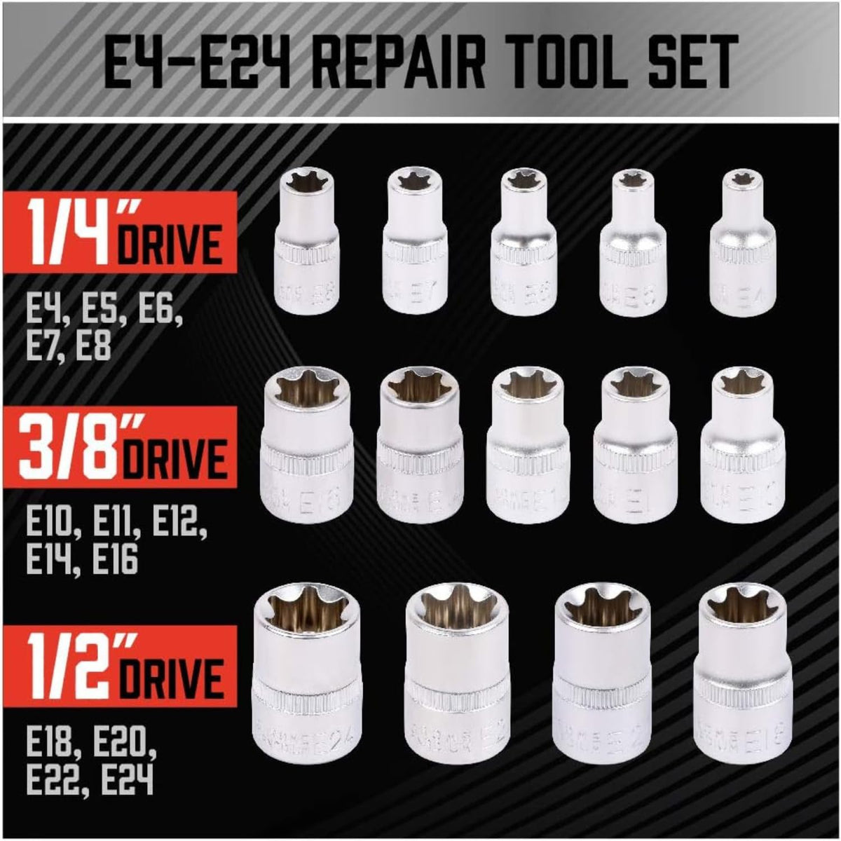 14-Piece E-TORX Socket Set – Premium Female Torx Star Bit Socket Set (E4-E24), 1/4", 3/8" & 1/2" Drive External Torx Sockets, Drop Forged Heat Treated Cr-V Steel with Blow Molded Storage Case