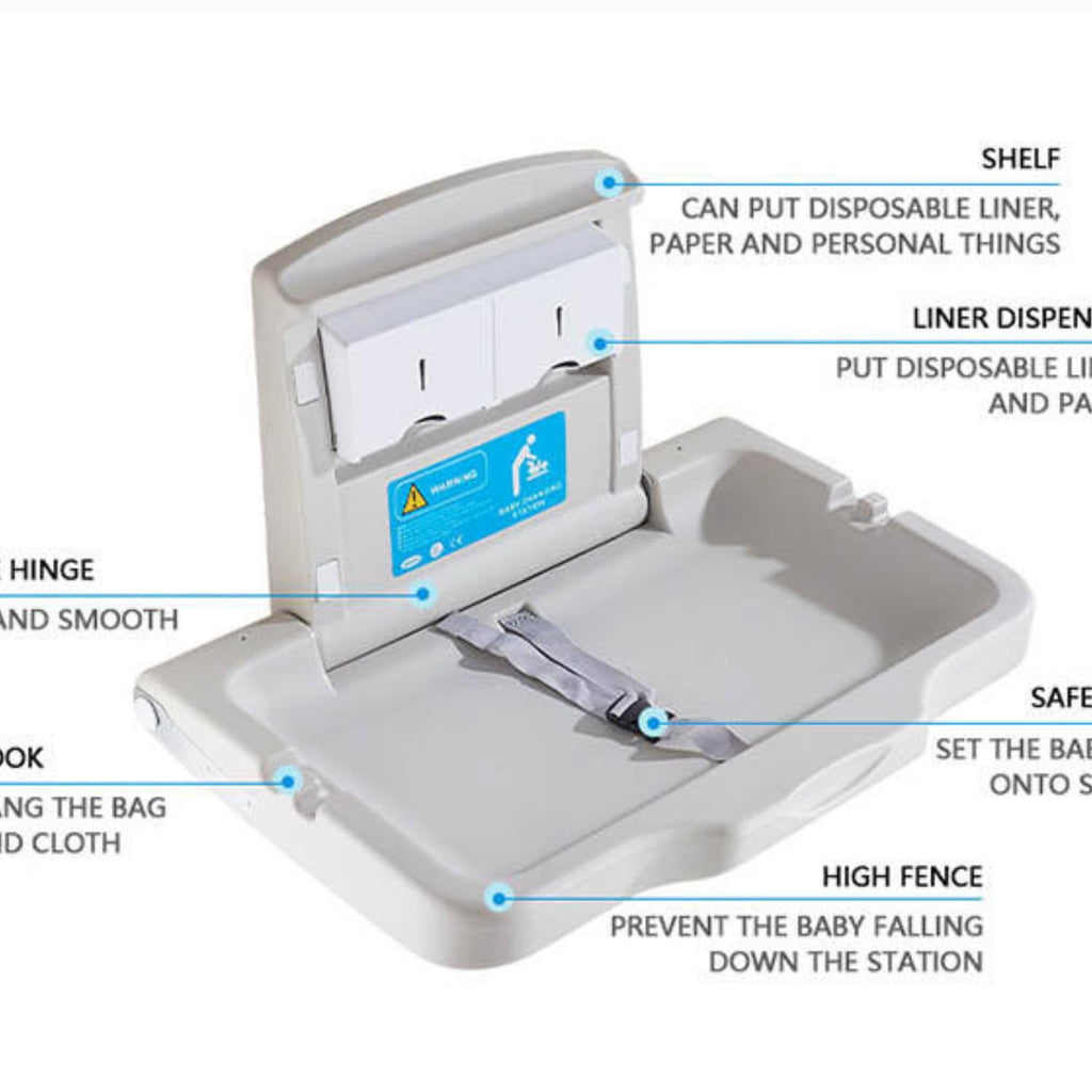 Wall Mounted Baby Changing Station Commercial Horizontal Foldable Diaper Changing Table Safety Strap Built-in Liner Dispenser HDPE Plastic Bath Table for Restrooms, Restaurants, Offices & Daycare