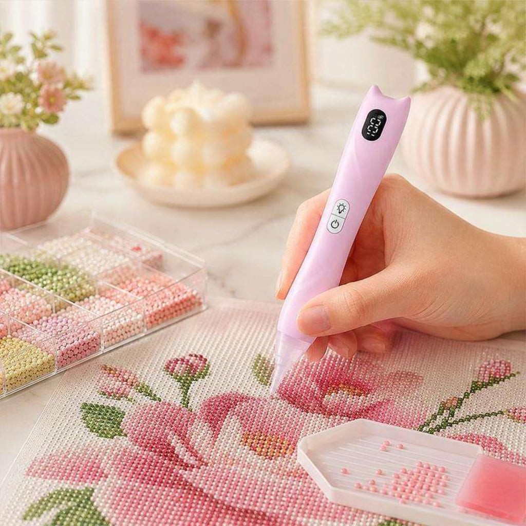 Electric Diamond Painting Pen, Lighted Rechargeable Rhinestone Applicator Tool with 3 Suction Levels, 3 LED Light Modes, Digital Battery Display & 4 Replaceable Tips for DIY Art Crafts