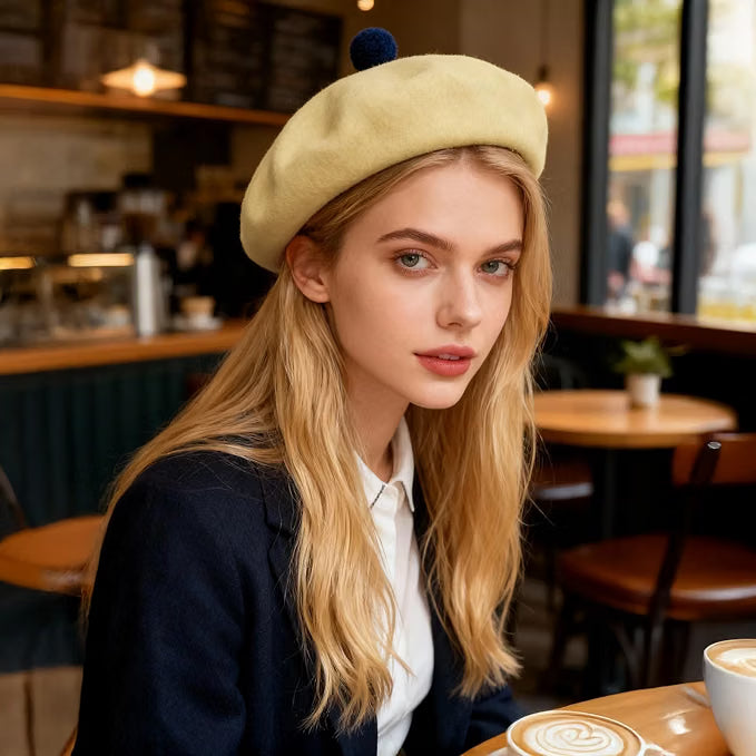 Yellow Wool Beret for Women, Vintage Felt Artist Beret with Pom Pom, Warm Winter Hat