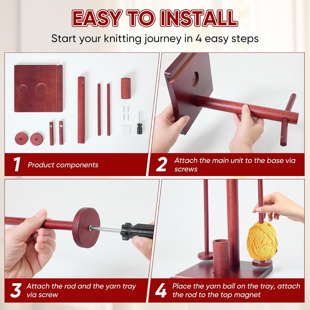Wooden Yarn Holder for Crocheting and Knitting with Dual Magnetic Spindles