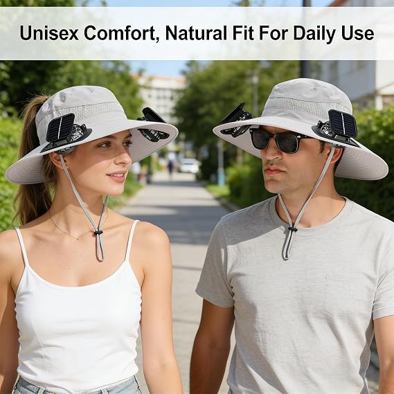 Solar Powered Fan Hat, Wide Brim Bucket Hat with Fan, Solar & USB Charging for Beach Gardening Travel