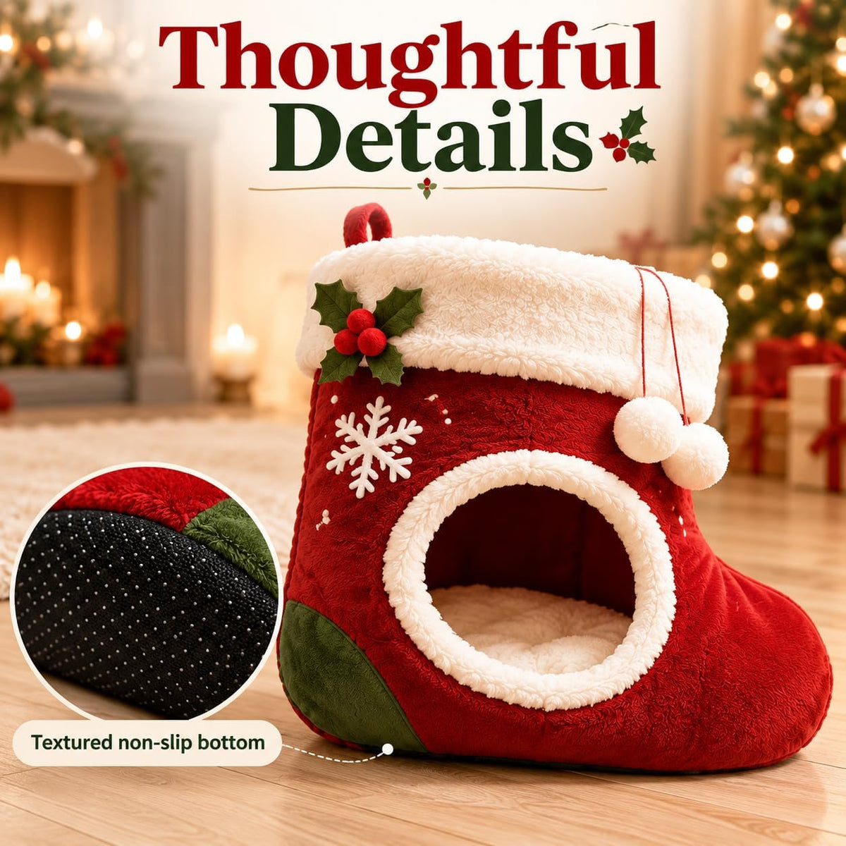 christmas stocking cat bed, Plush Indoor Cave with Non-Slip Base A festive christmas cat house with a soft plush interior and a sheltered space for indoor naps.
