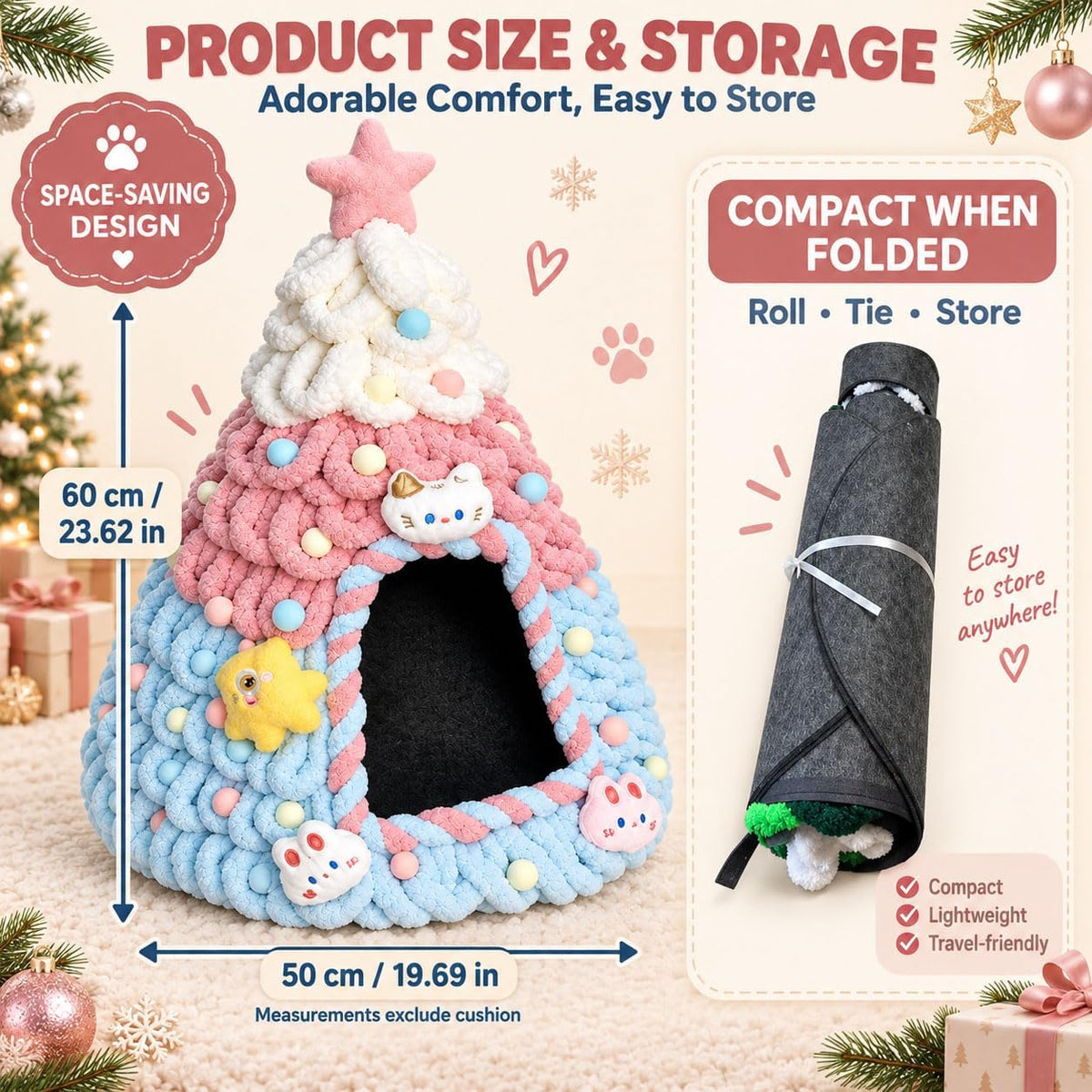 Christmas Tree Cat Bed Cave with Felt and Gauze，Pink