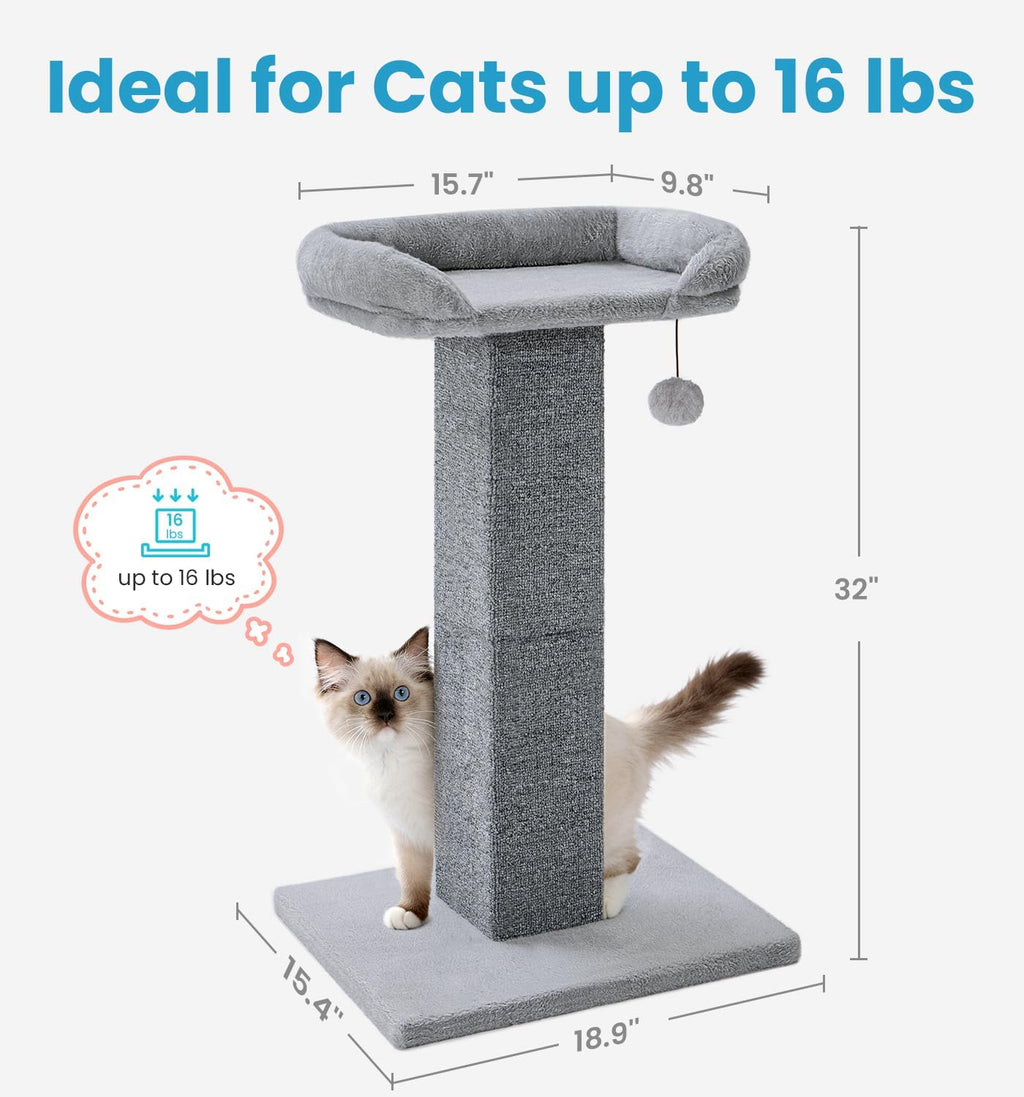 Made4Pets 32" Carpet Cat Scratching Post with Bed, Grey