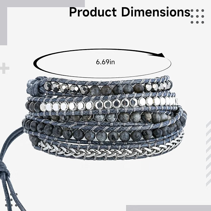 Bohemian Handmade Bracelet, Multi-Layer Natural Stone Crystal Bead Wrap Bracelet in Silver Gray