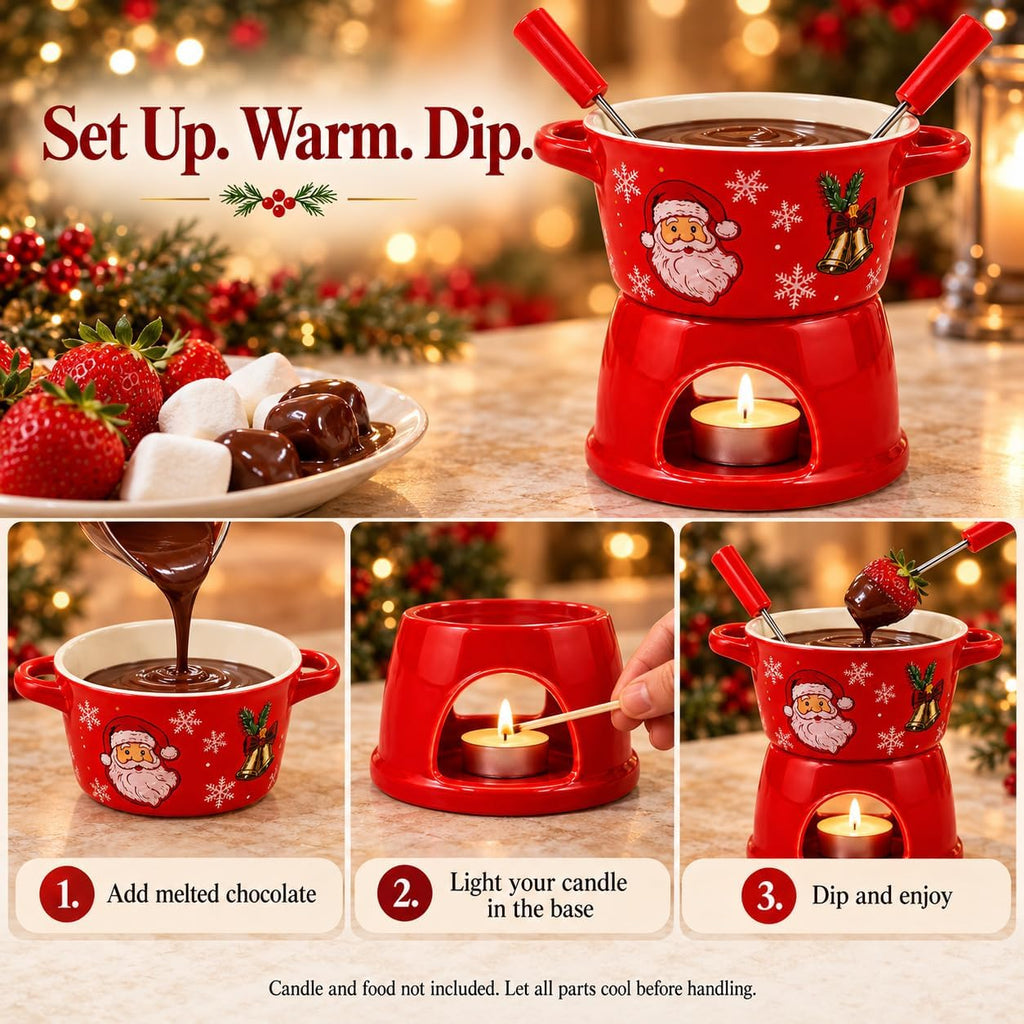 christmas chocolate fondue mug, 300ml Ceramic Set with 2 Dipping Forks Red ceramic bowl and candle base with 2 dipping forks; 300ml capacity. Candle and food are not included.