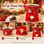 christmas chocolate fondue mug, 300ml Ceramic Set with 2 Dipping Forks Red ceramic bowl and candle base with 2 dipping forks; 300ml capacity. Candle and food are not included.