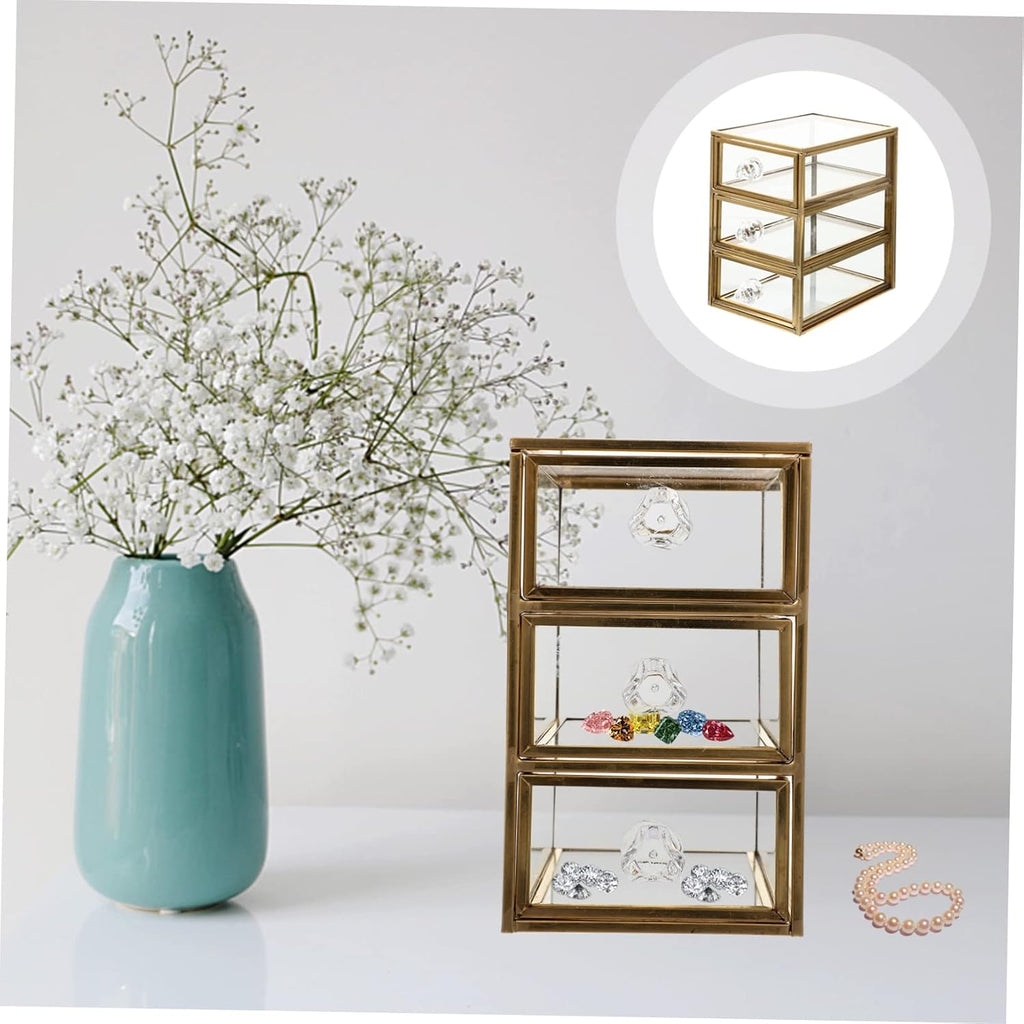 3-tier Jewelry Storage Box with Drawer Design, Golden Glass Alloy Closed Case, Tabletop Organization for Lip Gloss and Skin Care Bottles, Bathroom Counter or Office