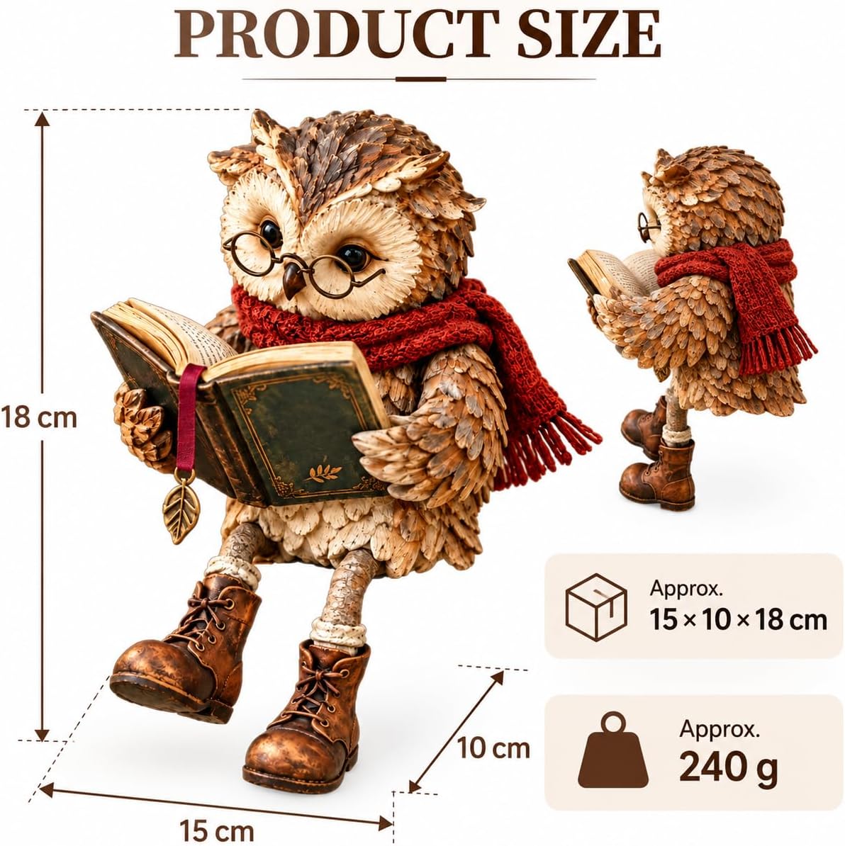 Reading Owl Figurine with Book, Owl Statue for Bookshelf Decor, 15x10x18 cm Reading owl figurine with book for bookshelf, desk, reading nook, shelf, and home decor; 15 x 10 x 18 cm, 240 g.