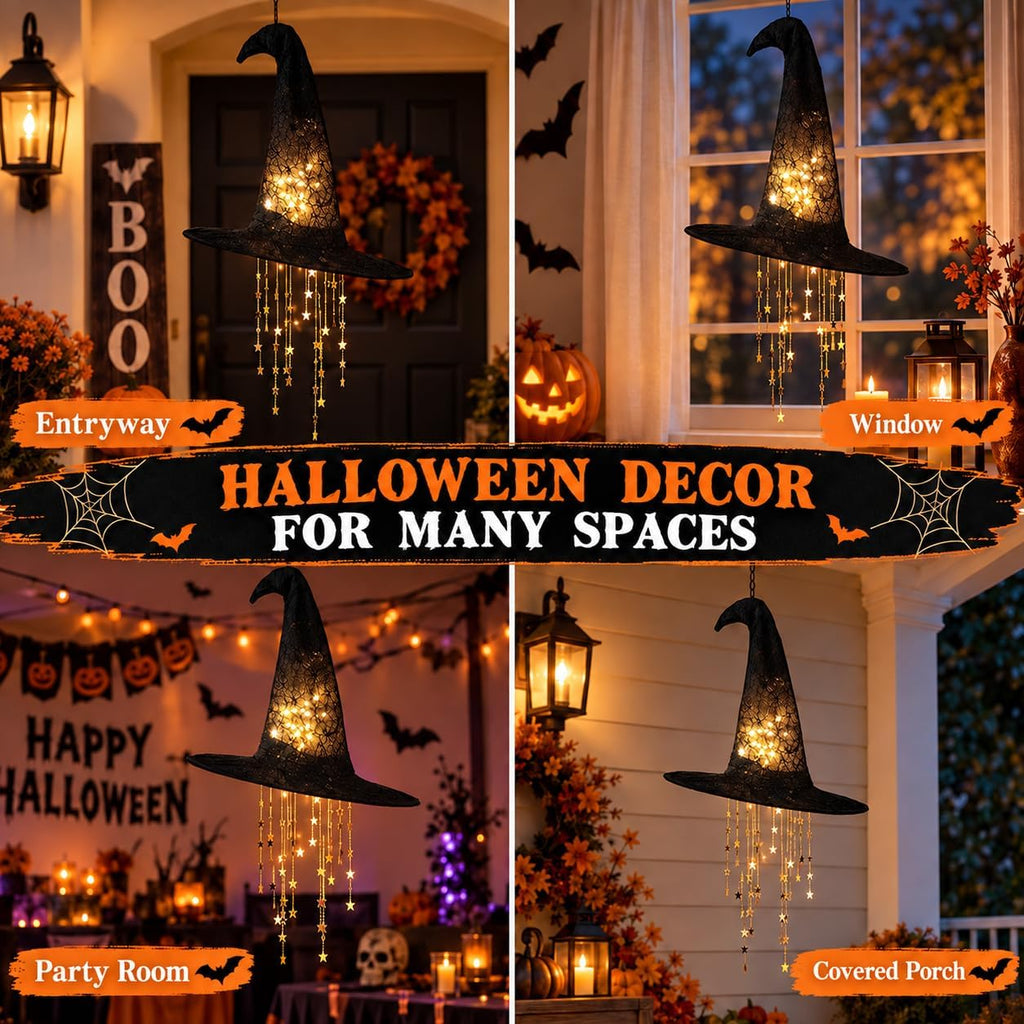 Lighted Witch Hat Hanging Decor, Fabric Witch Hat Lamp for Halloween (3 Pcs)