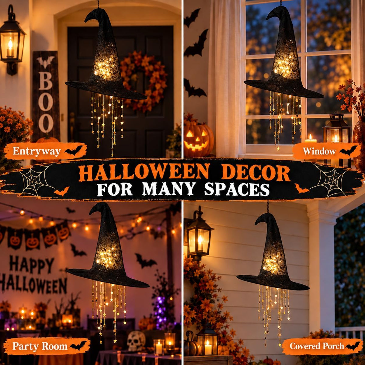 Lighted Witch Hat Hanging Decor, Fabric Witch Hat Lamp for Halloween (3 Pcs)