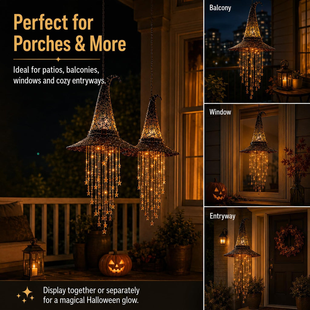 Lighted Witch Hat Hanging Chime, Halloween Hanging Witch Hats with Lights