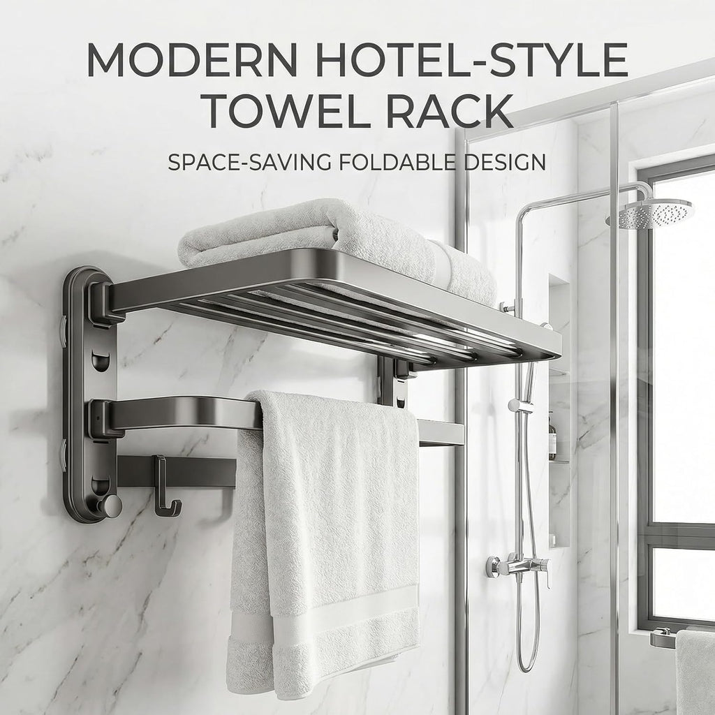 Bathroom Towel Rack, Double Foldable Wall Mounted Shelf with Suction Cups and Hooks
