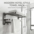 Bathroom Towel Rack, Double Foldable Wall Mounted Shelf with Suction Cups and Hooks