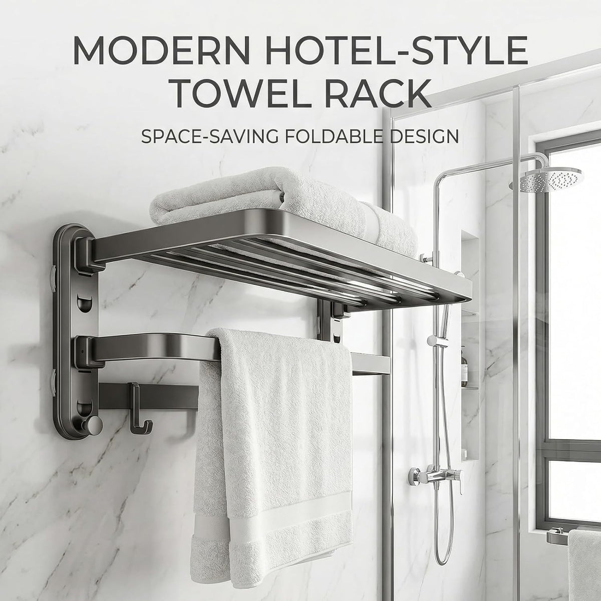 Bathroom Towel Rack, Double Foldable Wall Mounted Shelf with Suction Cups and Hooks