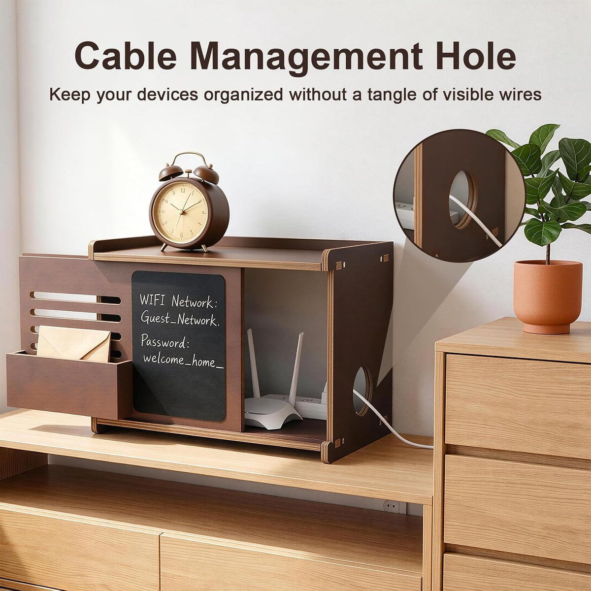 WiFi Router Box Hider with Front Storage & Chalkboard, Wooden Router Shelf