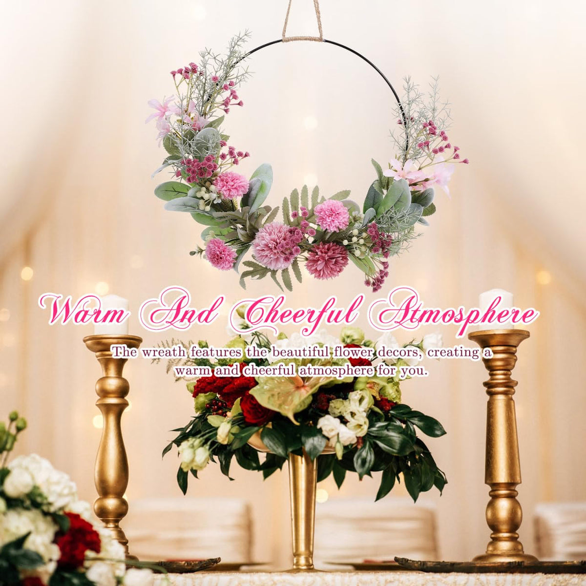 Wedding Wreath Artificial Flower Wreath Faux Floral Hanging Decor for Front Door Window Porch Indoor Outdoor 16.53 X 12.59 X 1.96 in