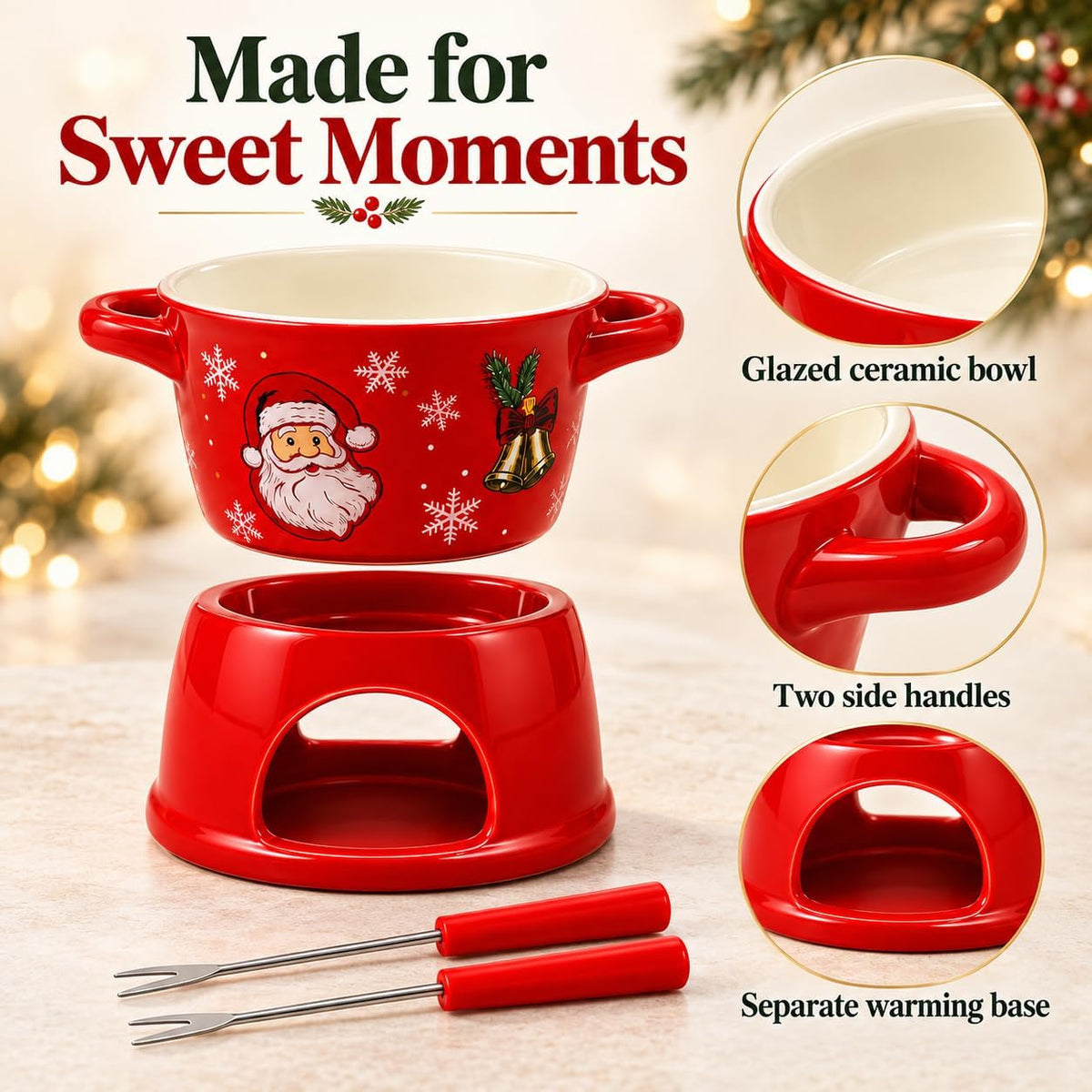 christmas chocolate fondue mug, 300ml Ceramic Set with 2 Dipping Forks Red ceramic bowl and candle base with 2 dipping forks; 300ml capacity. Candle and food are not included.