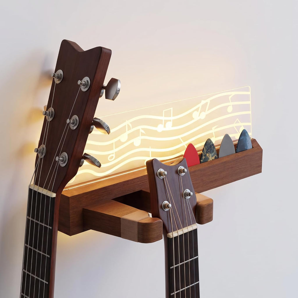 LED Guitar Wall Mount with Shelf, Wooden Guitar Hanger with Pick Holder, USB Powered