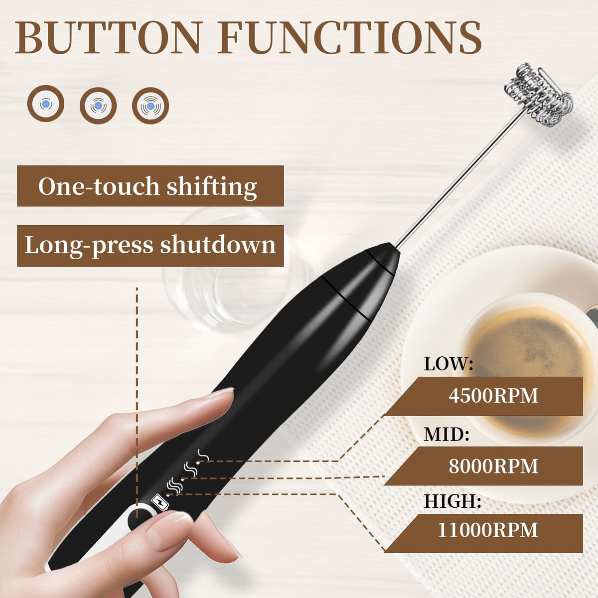 Rechargeable Handheld Milk Frother with 2 Whisk Heads & Stand, Black