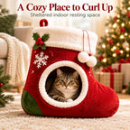 christmas stocking cat bed, Plush Indoor Cave with Non-Slip Base A festive christmas cat house with a soft plush interior and a sheltered space for indoor naps.