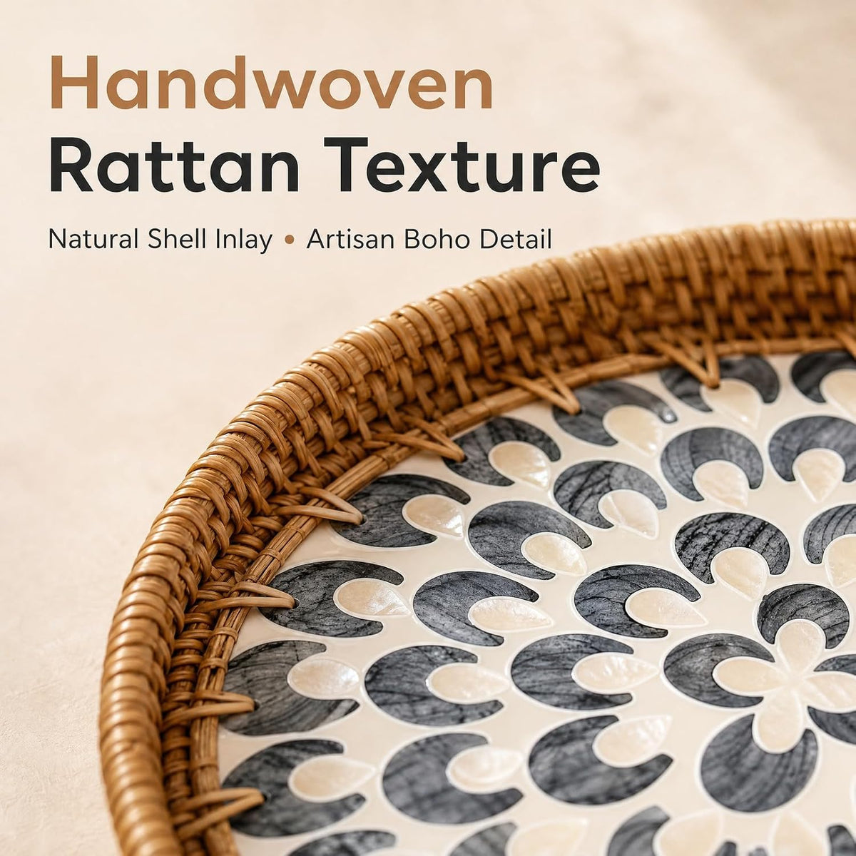 Round Rattan Tray with Shell Inlay, Decorative Serving Tray for Home Decor