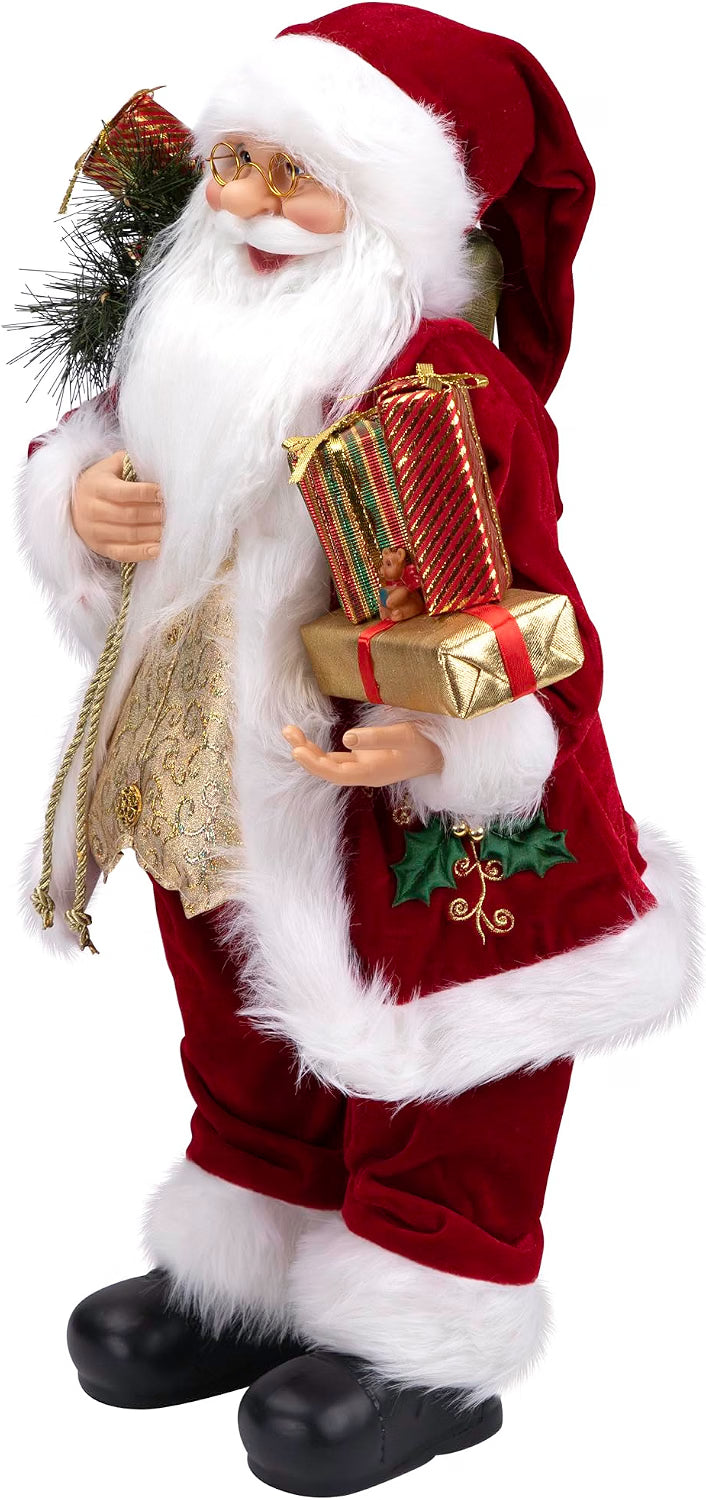 24" Red Holly Berry Standing Santa Claus with Presents and Gift Bag Christmas Figurine