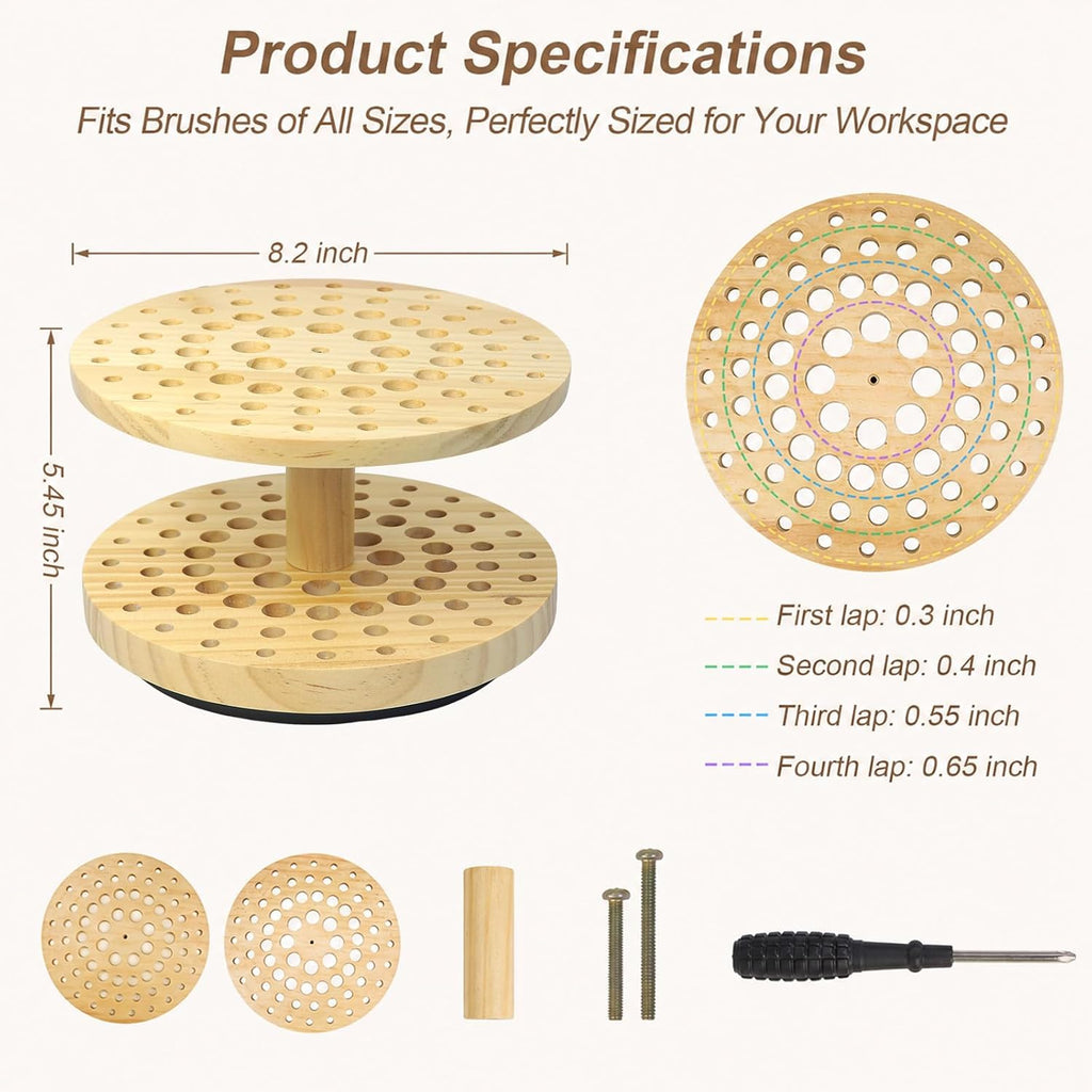 360° Rotating Paint Brush Holder, 72-Hole Hardwood Desk Organizer