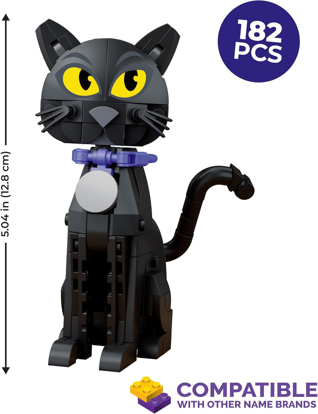 Halloween Black Cat Building Kit, 182-Piece Posable Cat Figure with Collar & Bell