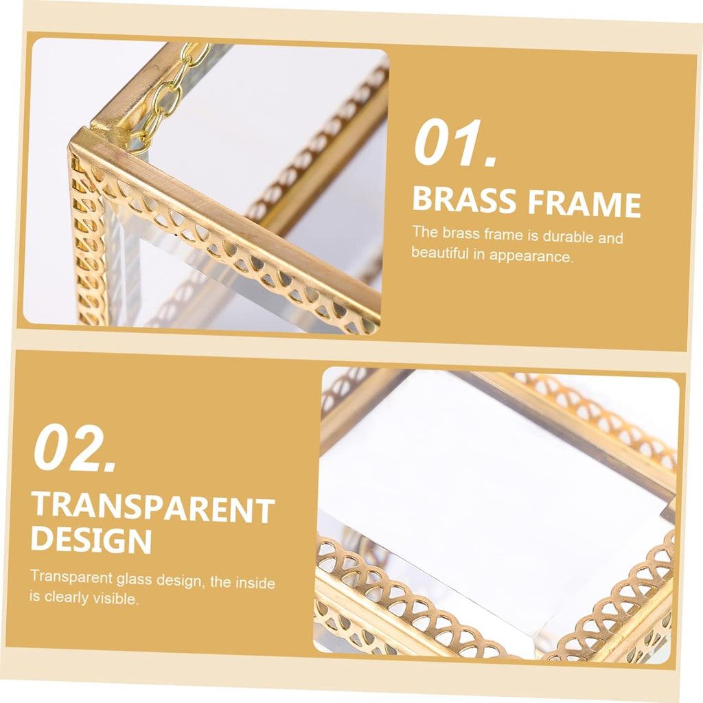 Glass Jewelry Box Decorative Storage Holder for Rings and Earrings Brass Frame, Cube Style, Home Display Accent, Gift Choice for Friends and Colleagues