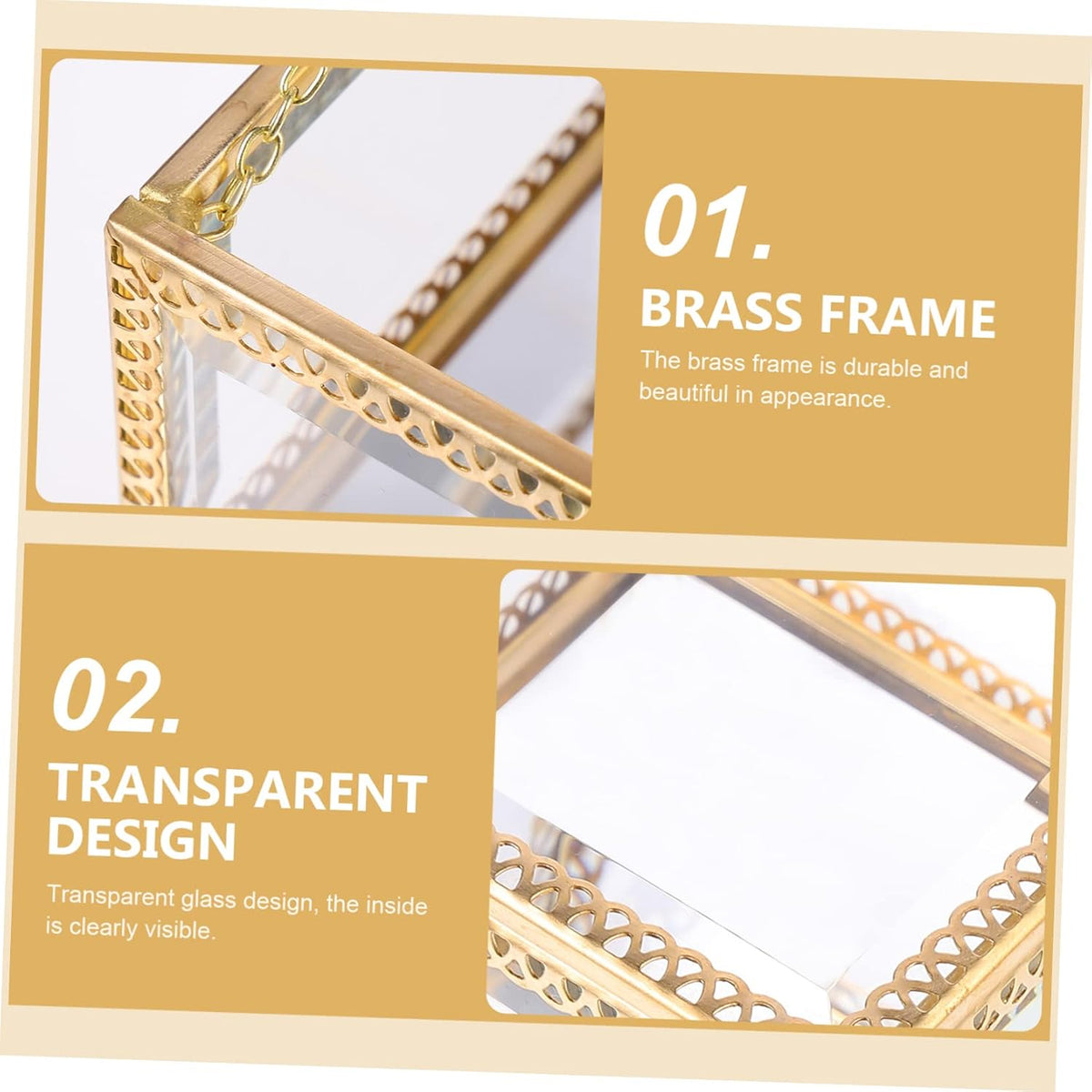 Glass Jewelry Box Decorative Storage Holder for Rings and Earrings Brass Frame, Cube Style, Home Display Accent, Gift Choice for Friends and Colleagues