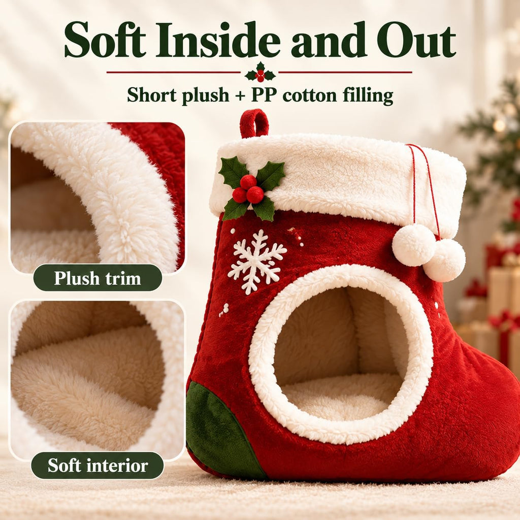 christmas stocking cat bed, Plush Indoor Cave with Non-Slip Base A festive christmas cat house with a soft plush interior and a sheltered space for indoor naps.