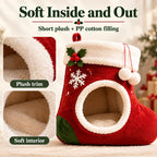 christmas stocking cat bed, Plush Indoor Cave with Non-Slip Base A festive christmas cat house with a soft plush interior and a sheltered space for indoor naps.