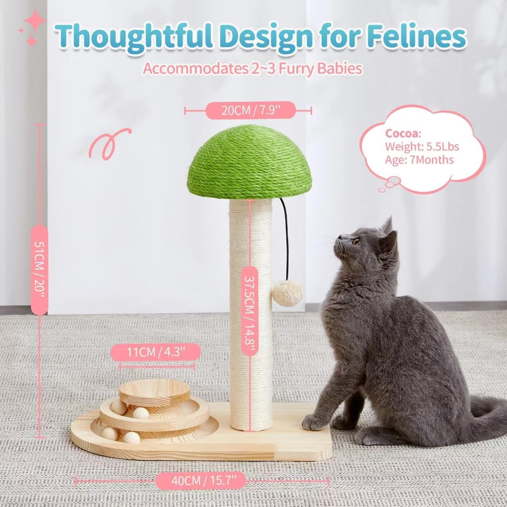 Made4Pets 20" Mushroom Cat Scratcher, Sisal Post with Track Ball Toy, Green