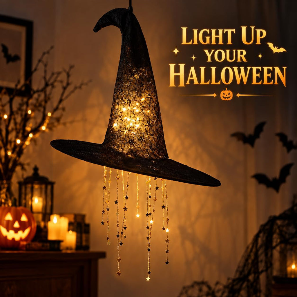 Lighted Witch Hat Hanging Decor, Fabric Witch Hat Lamp for Halloween (3 Pcs)