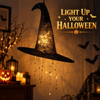 Lighted Witch Hat Hanging Decor, Fabric Witch Hat Lamp for Halloween (3 Pcs)