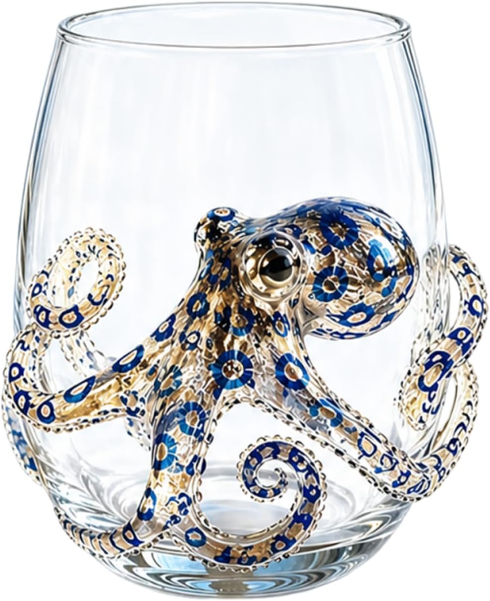 Blue Ringed Octopus Glassware, 3D Octopus Stemless Wine Glass, Marine Animal Drinkware For Coastal Home Bar Decor (1)