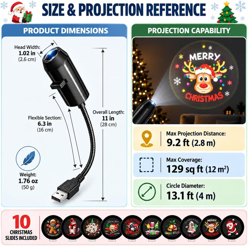 Plug and Play HD Christmas Projector, USB Christmas Projector Indoor USB 5V, 3W projector with flexible neck, slide accessory, and up to 9.2 ft projection distance for indoor holiday displays.