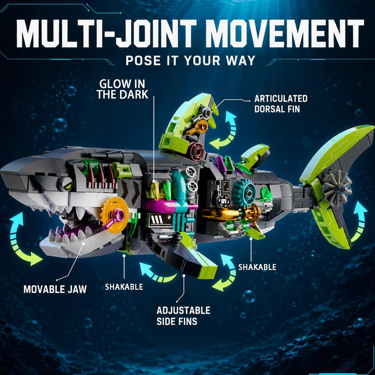 Mechanical Shark Building Set, Glow Shark Model with Rotatable Joints & Stand