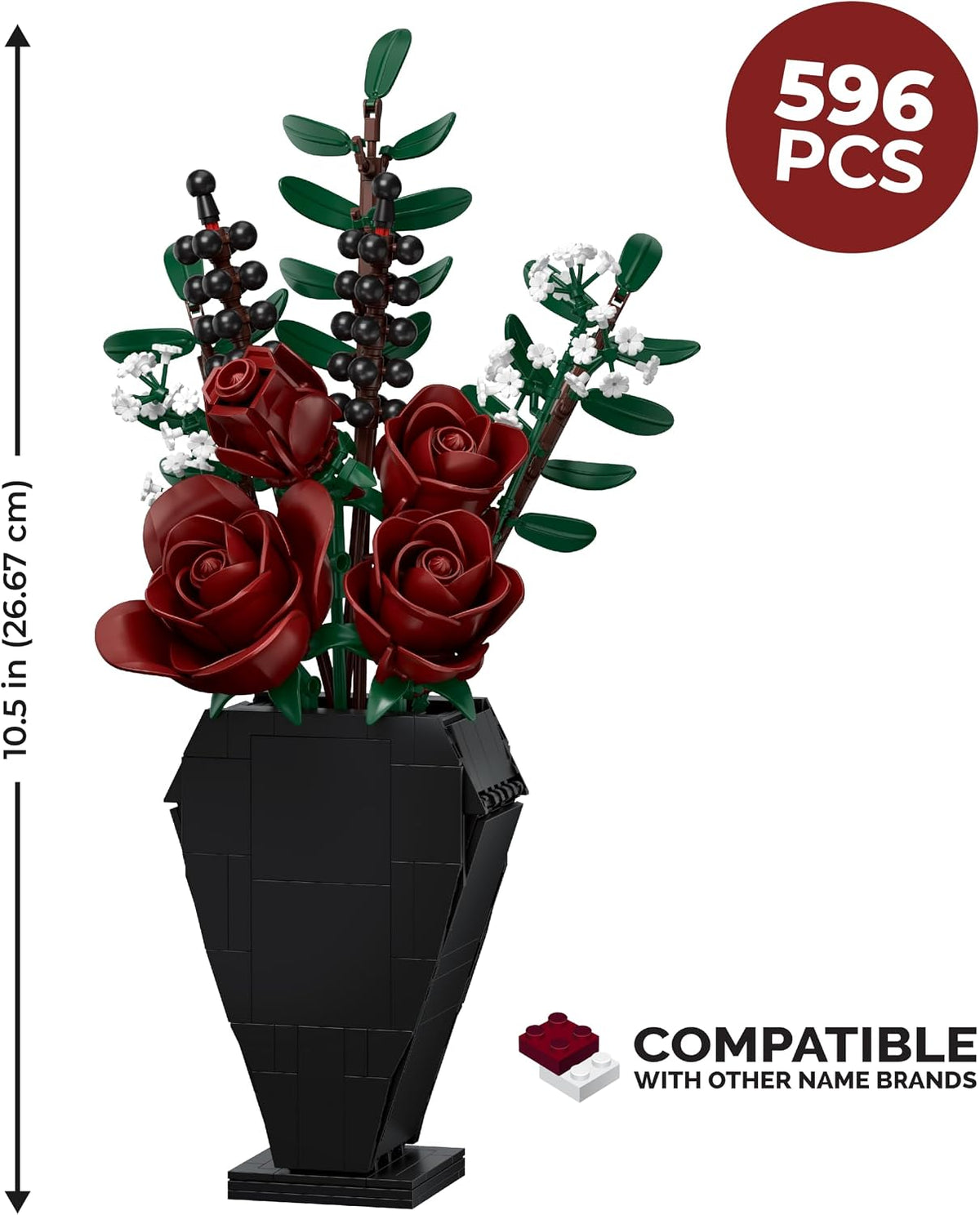 Midnight Flower Bouquet Building Set, Gothic Blood Rose with Coffin Vase, 596 Pieces