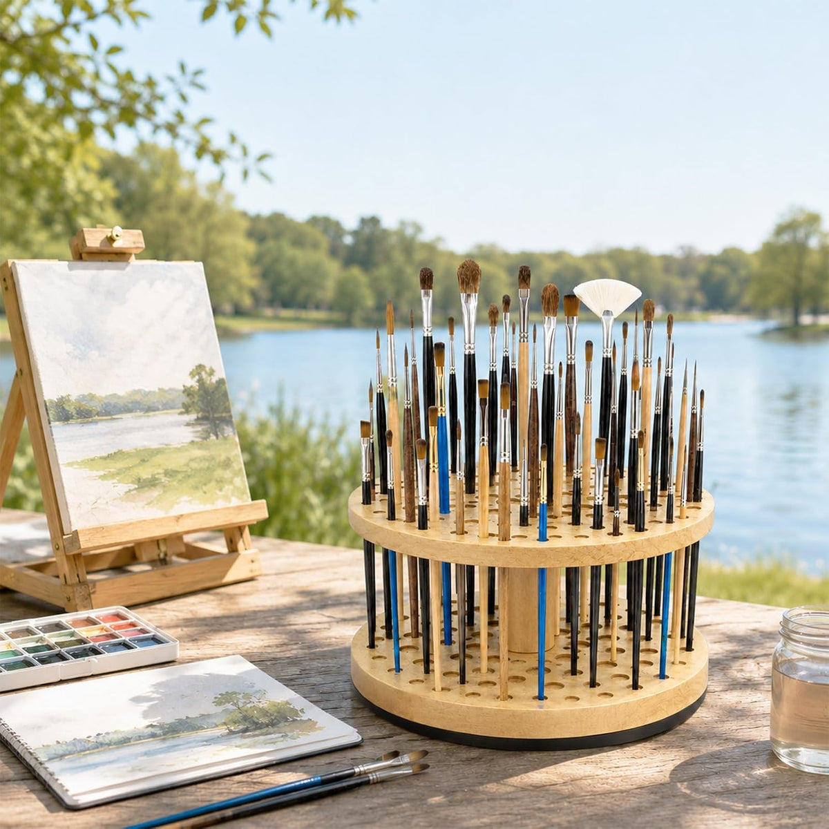 360° Rotating Paint Brush Holder, 72-Hole Hardwood Desk Organizer