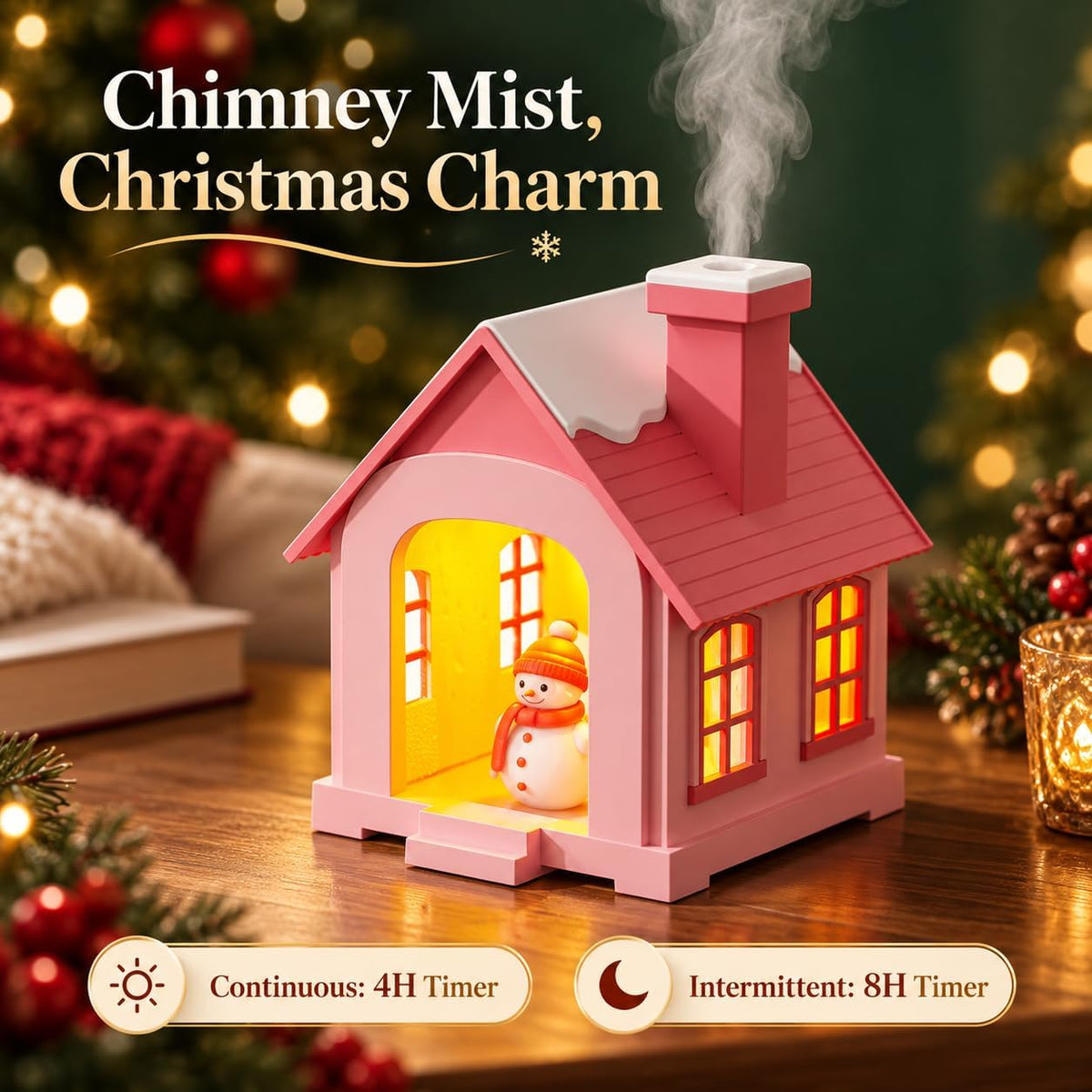 christmas village humidifier, 500ml Snow House with Light & Chimney Mist